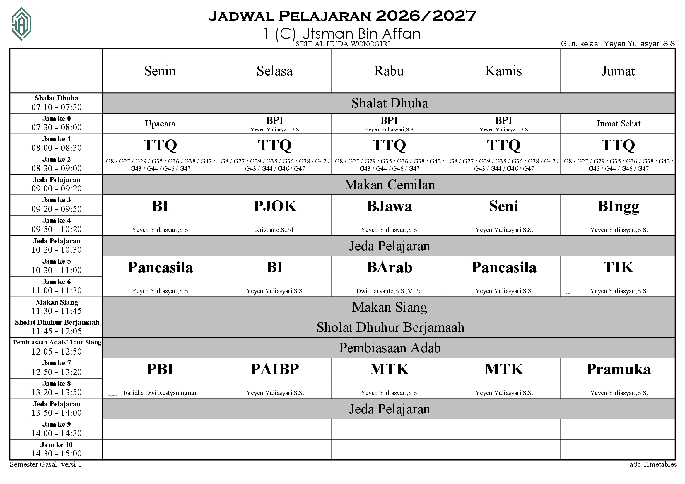 Jadwal 1 (C) Utsman Bin Affan